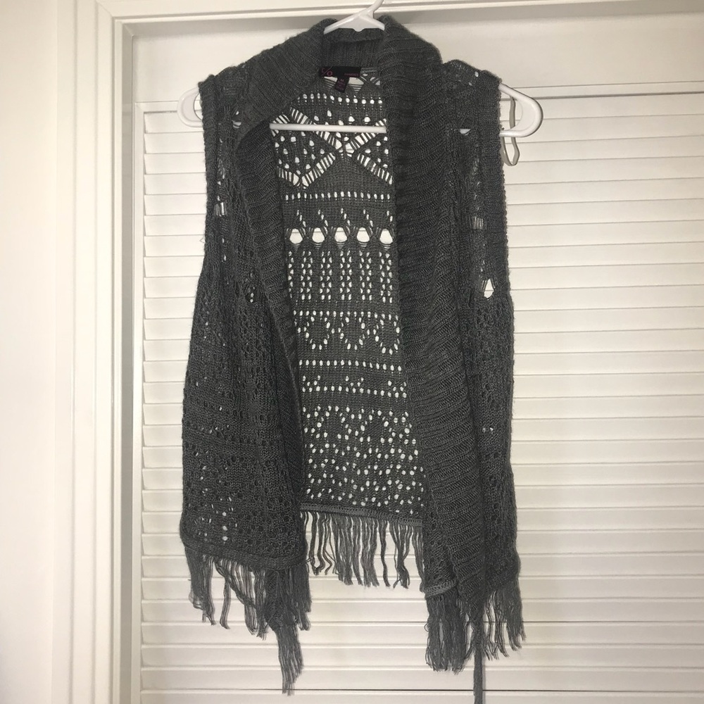 NEW lace and fringe charcoal grey knit vest